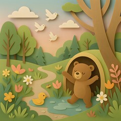 Naklejka premium Cute bear emerging from forest den at sunrise with duck nearby, stylized flowers and trees, cheerful children’s illustration in cut paper style.