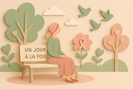 A figure sitting on a bench with 'Un jour à la fois' sign in pastel peach and green paper-cut style, symbolizing hope in cancer support.