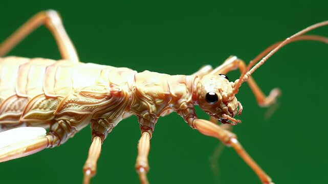Macro shot of a stick insect against a vibrant green backdrop, showcasing detailed anatomy