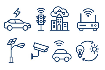 Modern technology icons illustrating smart city concepts with renewable energy and connectivity