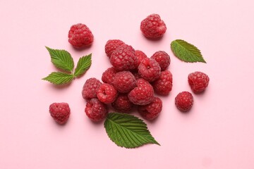Tasty fresh ripe raspberries and leaves on pink background, flat lay