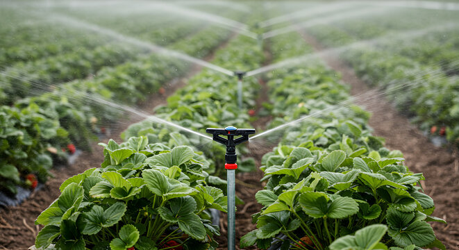 Strawberry field irrigated with automated sprinklers. - Powered by Adobe