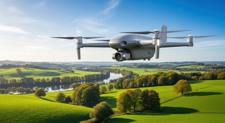 Sleek Quadcopter Drone Capturing a Sunlit, Idyllic River Valley