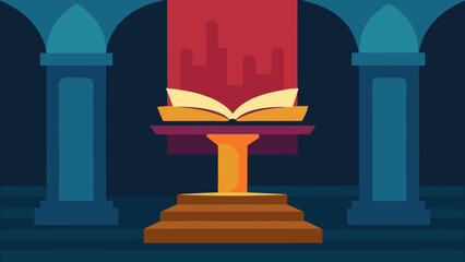 Fototapeta premium Open Book on Podium Glowing in Ancient Scribes Hall