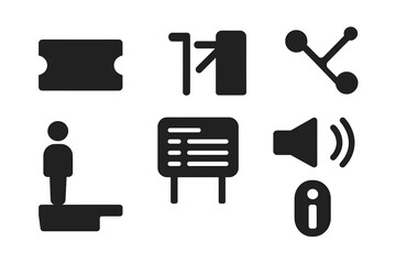 Icons representing transportation systems and user interfaces for navigation and information dissemination in public spaces
