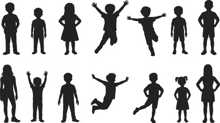 Set of standing and jumping children silhouettes in various playful and casual poses, ideal for educational and creative projects