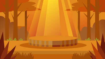 Naklejka premium round wooden podium with sunbeam rays in autumn