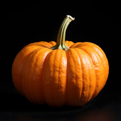 Fototapeta premium Isolated orange pumpkin with a green stem on a black background