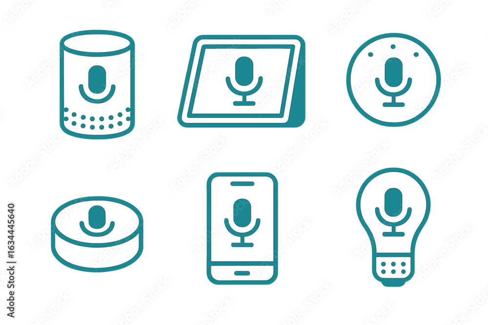 Poster various smart devices with microphone icons showcasing modern technology and voice control capabilit