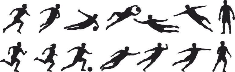 Soccer player silhouette vector, football action poses, black sports icon set, running kicking jumping goalkeeping, athlete motion graphic design for sports illustration