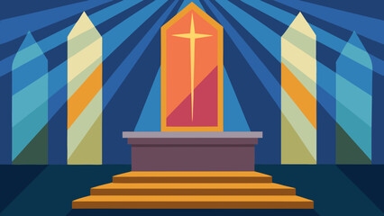 stage podium inside cathedral with sunrays through