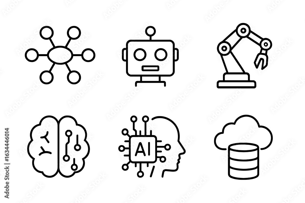 Poster various symbols representing artificial intelligence, automation, and technology innovations in a di
