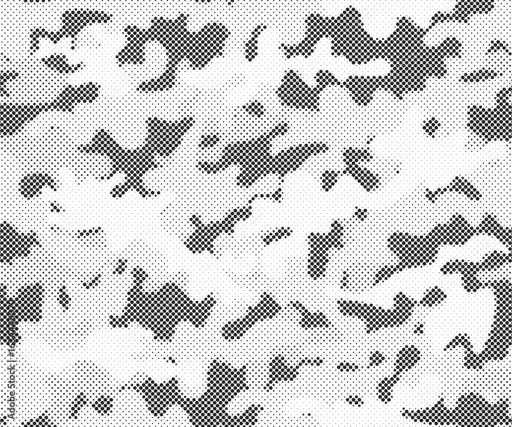 Poster abstract halftone seamless camouflage pattern. repeating digital dotted hexagonal camo military text