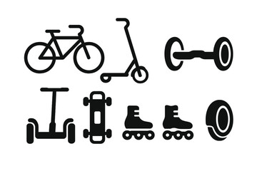 Various modes of transportation symbols including bicycles, scooters, skateboards, and roller skates for active lifestyles