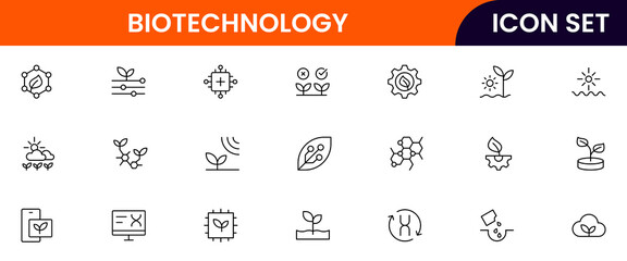 Biotechnology vector line icons featuring DNA strands, microscopes, test tubes, genetic engineering, lab equipment, research, cells, molecules, and scientific innovation.