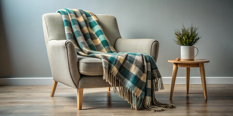 A comfortable armchair with a cozy plaid blanket draped over it, placed next to a small side table with a potted plant, in a modern living room setting with light grey walls and wooden flooring