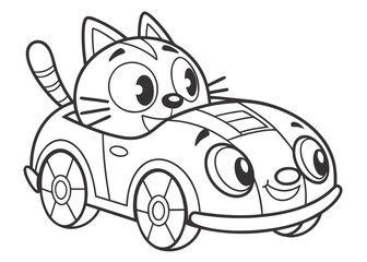 Whimsical car shaped like a cat, simple line art, playful design, kids coloring book style, thick outlines, no background elements