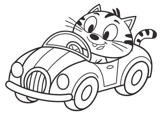Whimsical car shaped like a cat, simple line art, playful design, kids coloring book style, thick outlines, no background elements