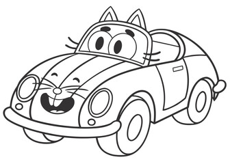 Whimsical car shaped like a cat, simple line art, playful design, kids coloring book style, thick outlines, no background elements