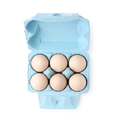 Raw chicken eggs in egg carton isolated on white, top view