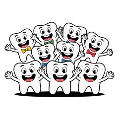 group of happy cartoon tooth characters with colorful bow ties waving hands, fun dental hygiene mascot for kids health education