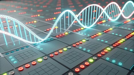 Glowing lines forming a 3D DNA strand above a futuristic digital grid in vibrant lighting