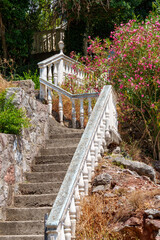 beautiful staircase and flowering tree as decoration on background of trees