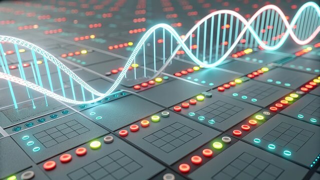 Glowing lines forming a 3D DNA strand above a futuristic digital grid in vibrant lighting