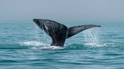 Whale tail rises from the water droplets cascade from the dark gray fin clear blue sea muted sky