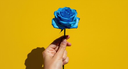 Blue rose in hand against bright yellow background: bold color contrast in modern floral design