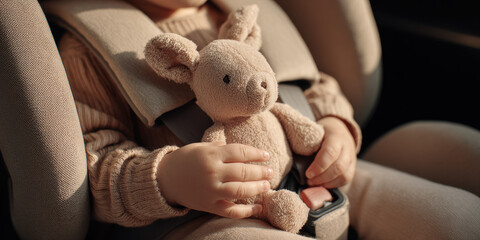 Child holding teddy bear while sitting in car safety seat