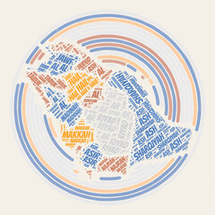 Saudi Arabia Round Poster. Typography style image of Country. Regions word clouds of Saudi Arabia. Vintage image design with scratch texture.