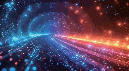 Naklejka premium A bright blue line of light with a lot of sparkles. The sparkles are blue and yellow, creating a sense of movement and energy. The line of light seems to be moving through space