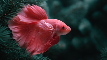 Vibrant pink betta fish swims gracefully among lush green aquatic plants, creating striking contrast