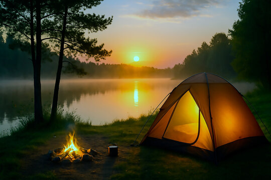 A serene camping scene with a tent glowing from within, a campfire burning, and a calm lake reflecting the sunset. This image captures the essence of outdoor adventure, relaxation, and natures beauty
