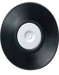 Close-up of a black vinyl record with a white center label