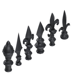 3D rendering illustration of a set of cast iron fence finials