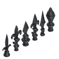 3D rendering illustration of a set of cast iron fence finials