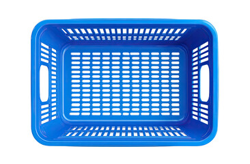 Overhead view of a vibrant blue plastic storage crate.  The crate is rectangular with a perforated, grid-like pattern.  Handles are visible along the sides