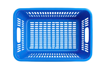 Overhead view of a vibrant blue plastic storage crate.  The crate is rectangular with a perforated, grid-like pattern.  Handles are visible along the sides