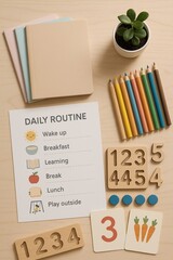 Homeschool Daily Routine Chart Flat Lay – Minimal Educational Setup for Printable Planners, Thumbnails, or Pinterest Use