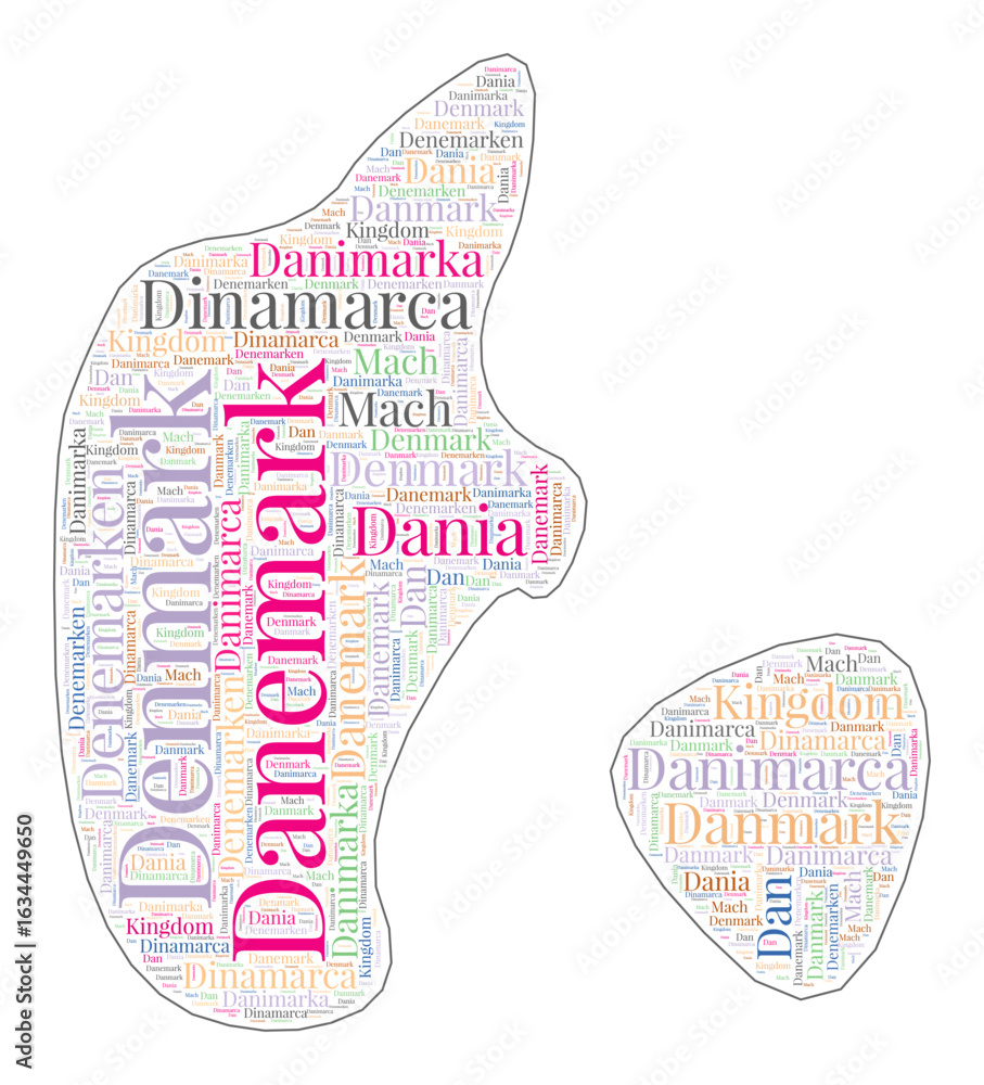 Poster denmark shape filled with country name in many languages. denmark map in wordcloud style. appealing 