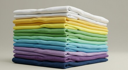 A colorful stack of neatly folded T-shirts, arranged in a spectrum of rainbow colors, from white at the top to navy blue at the bottom.