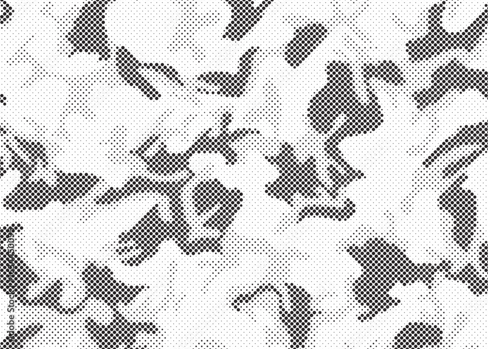 Poster abstract halftone seamless camouflage pattern. repeating digital dotted hexagonal camo military text