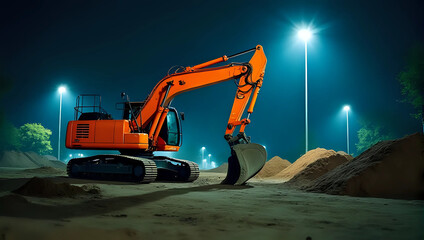 A powerful orange industrial excavator parked on construction site with piles of sand at night, illuminated by bright floodlights - heavy machinery and infrastructure development concept
