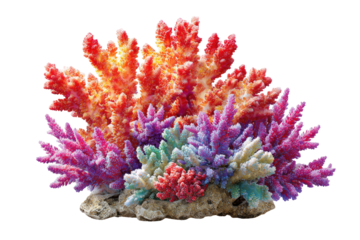 Vibrant coral reef cluster.  Colorful, artificial coral branches in shades of orange, pink, purple, and green, clustered on a base.  Sharp, detailed forms