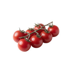 Overview of fresh cherry tomatoes on the vine, showcasing their vibrant red color and plump texture against a white isolate background.