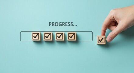 Visual representation of project progress using checkmarks on blocks in a bar, symbolizing completion and achievement.