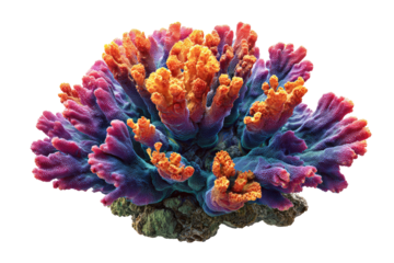 Vibrant coral,  a cluster of colorful,  organic forms.  Fleshy textures,  rich hues,  with orange,  pink,  and purple.  Detailed,  close-up view