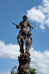Gengenbach, Germany, July 12 2025: The knight known as ‘Schwed’ has stood in the market square for more than 500 years, leaning on his shield bearing the city coat of arms.